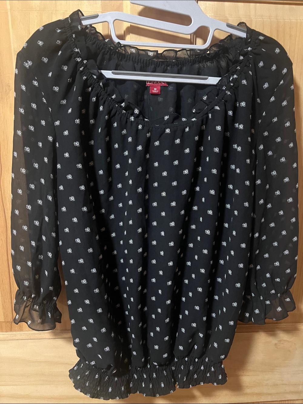 Merona Black Sheer Peasant Blouse with White Dot Floral